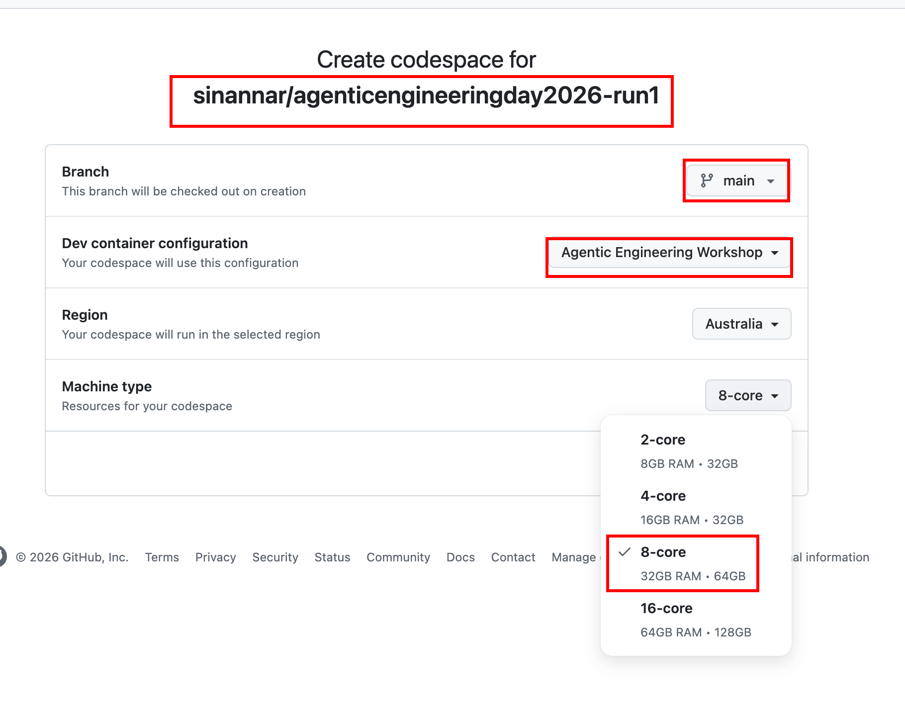 GitHub Codespaces creation page for a workshop repository showing the main branch, dev container configuration, and 8-core machine option.