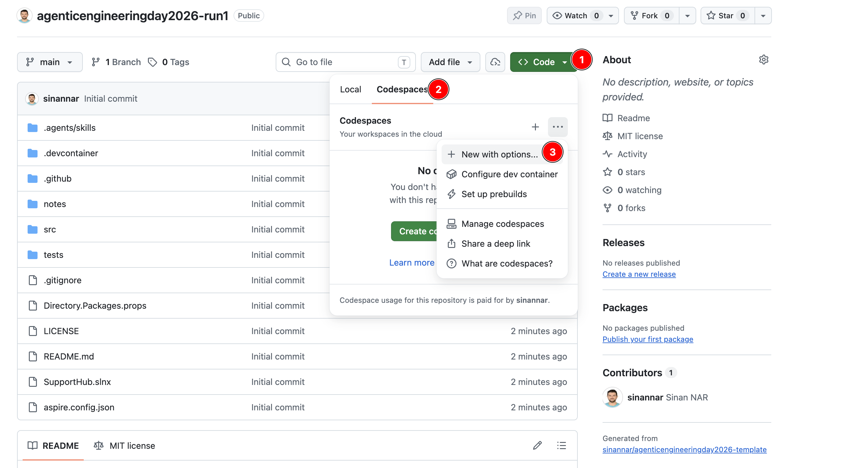 The repository Code menu open on the Codespaces tab with New with options highlighted.