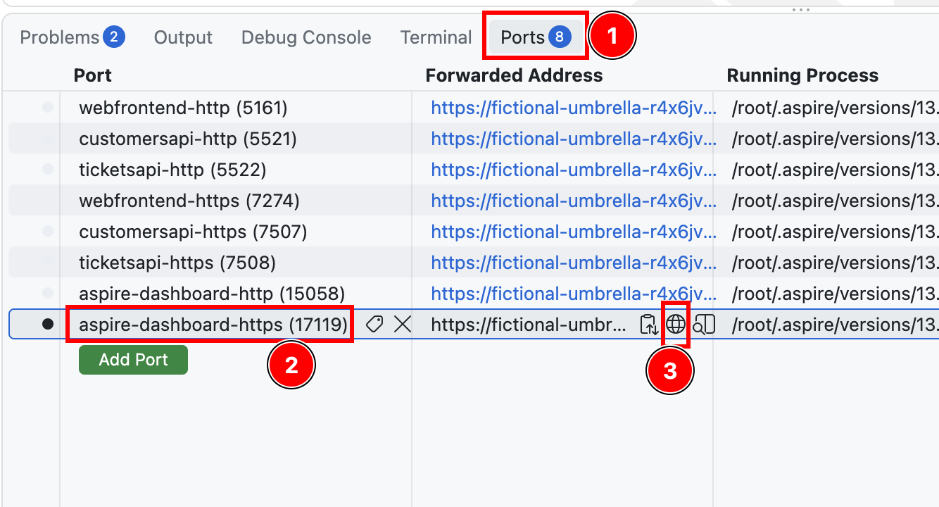 Codespaces Ports panel with the aspire-dashboard-https port 17119 highlighted and its forwarded address available to open.