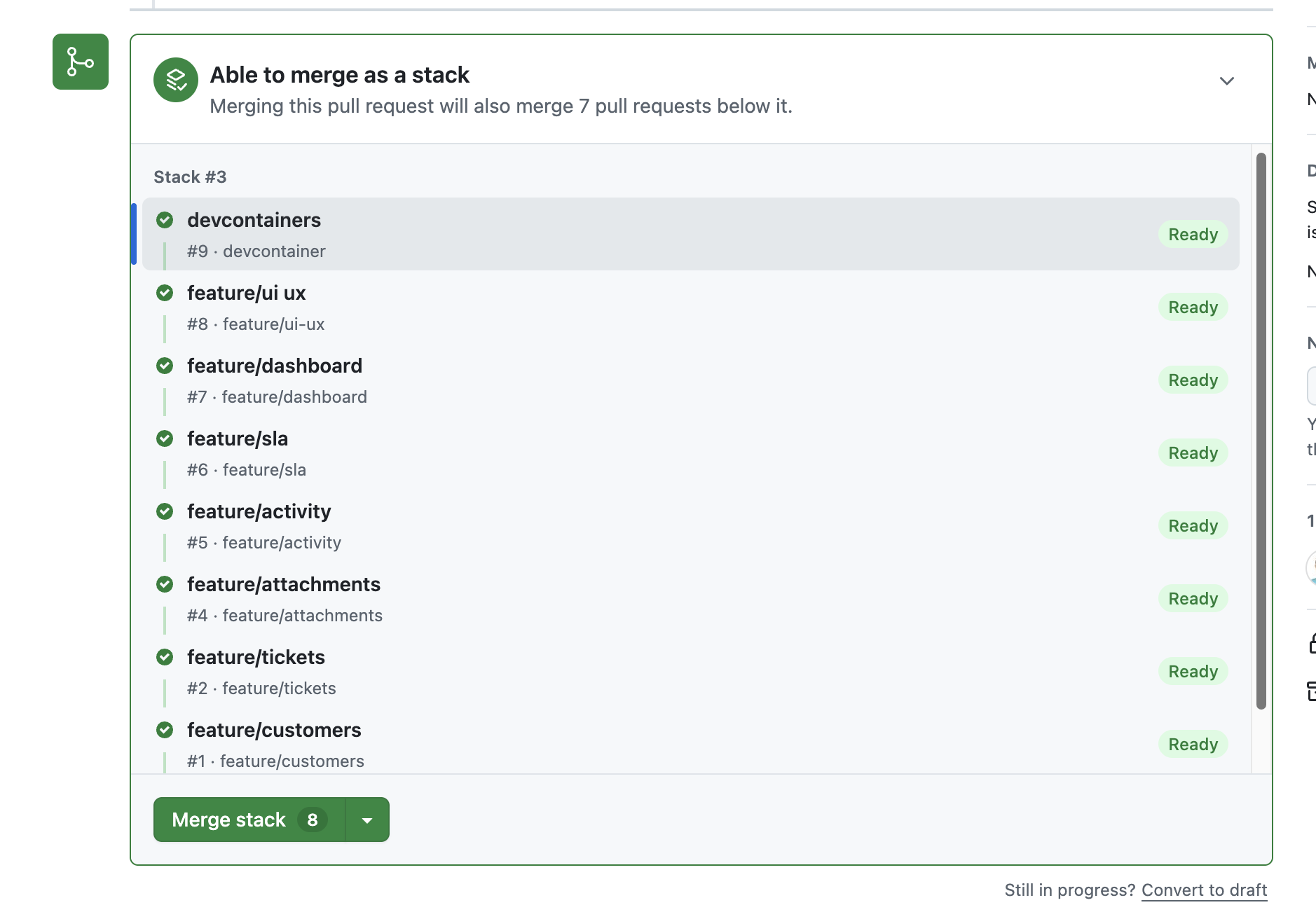 GitHub stack merge panel showing the ordered pull requests and their ready status.