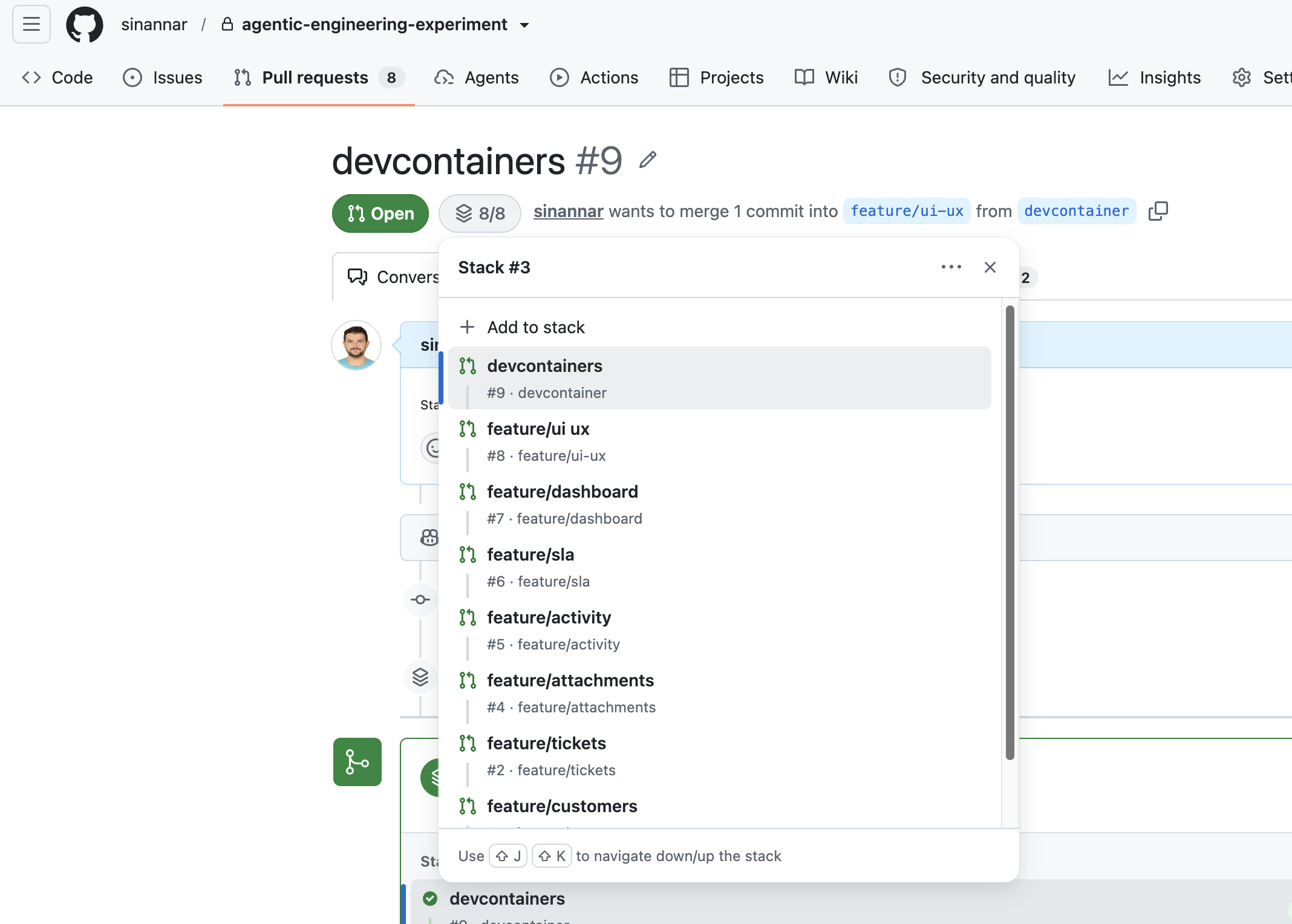 GitHub stack picker showing the devcontainer pull request above the UI/UX, dashboard, SLA, activity, attachments, tickets, and customers pull requests.