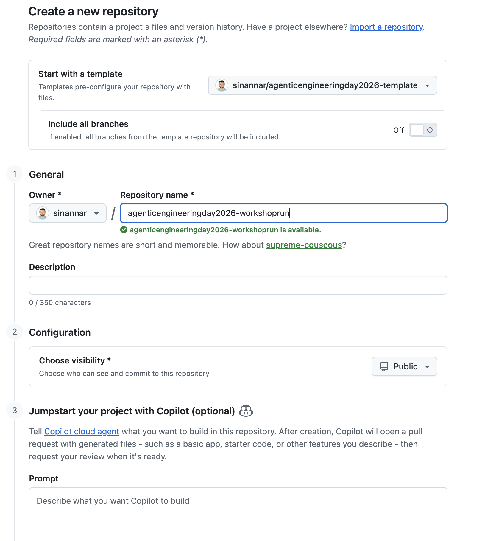 GitHub Create a new repository page showing the selected template and repository name field.