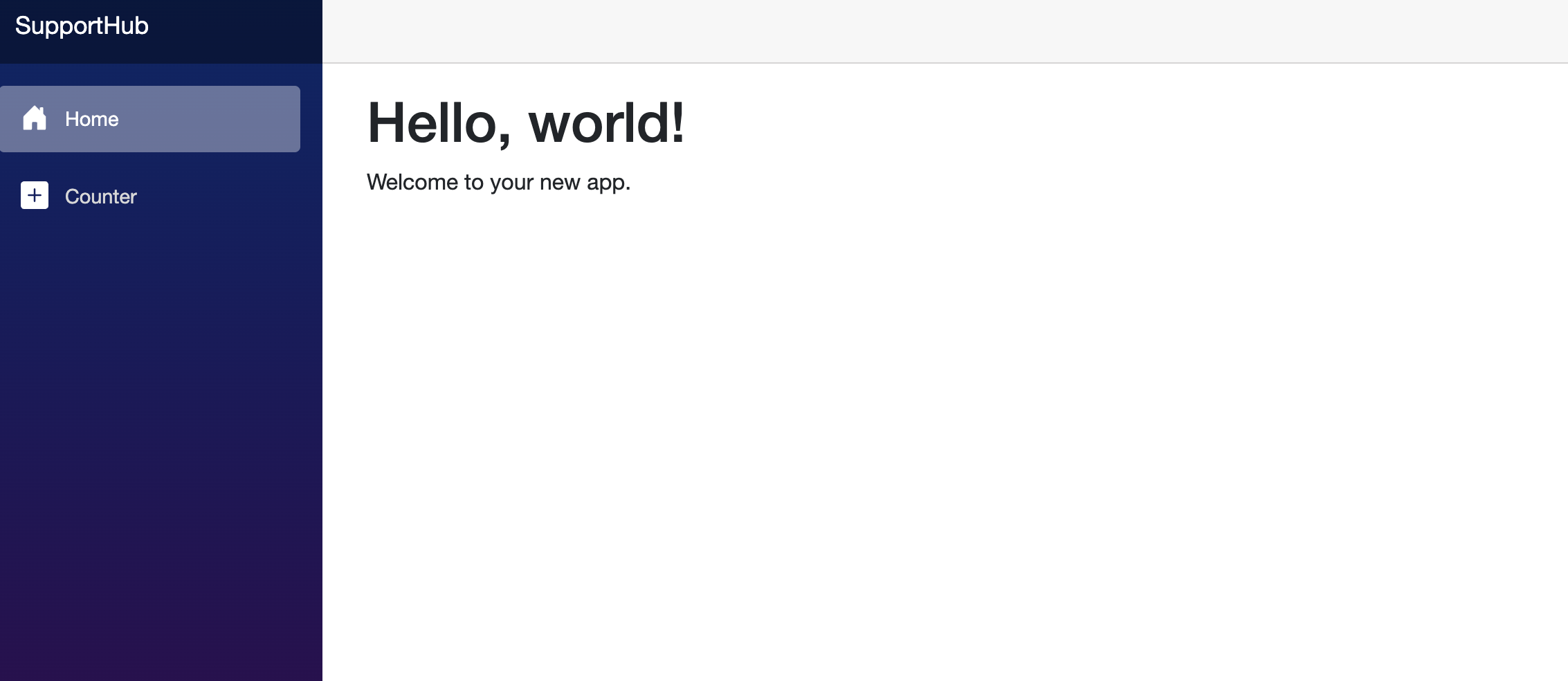The default SupportHub Blazor home page showing a Hello, world welcome message and Home and Counter navigation.