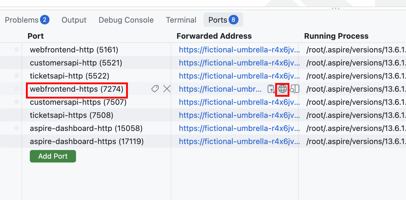 Codespaces Ports panel with webfrontend-https port 7274 highlighted and its forwarded address available to open.